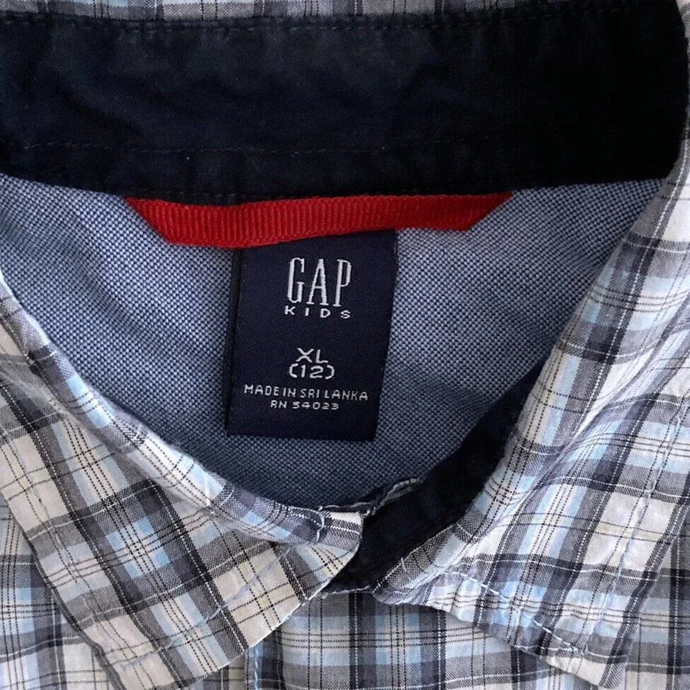 GAP Kids XL 12 Plaid SHIRT White Blue Gray button down Long Sleeve‎ Chest Pocket